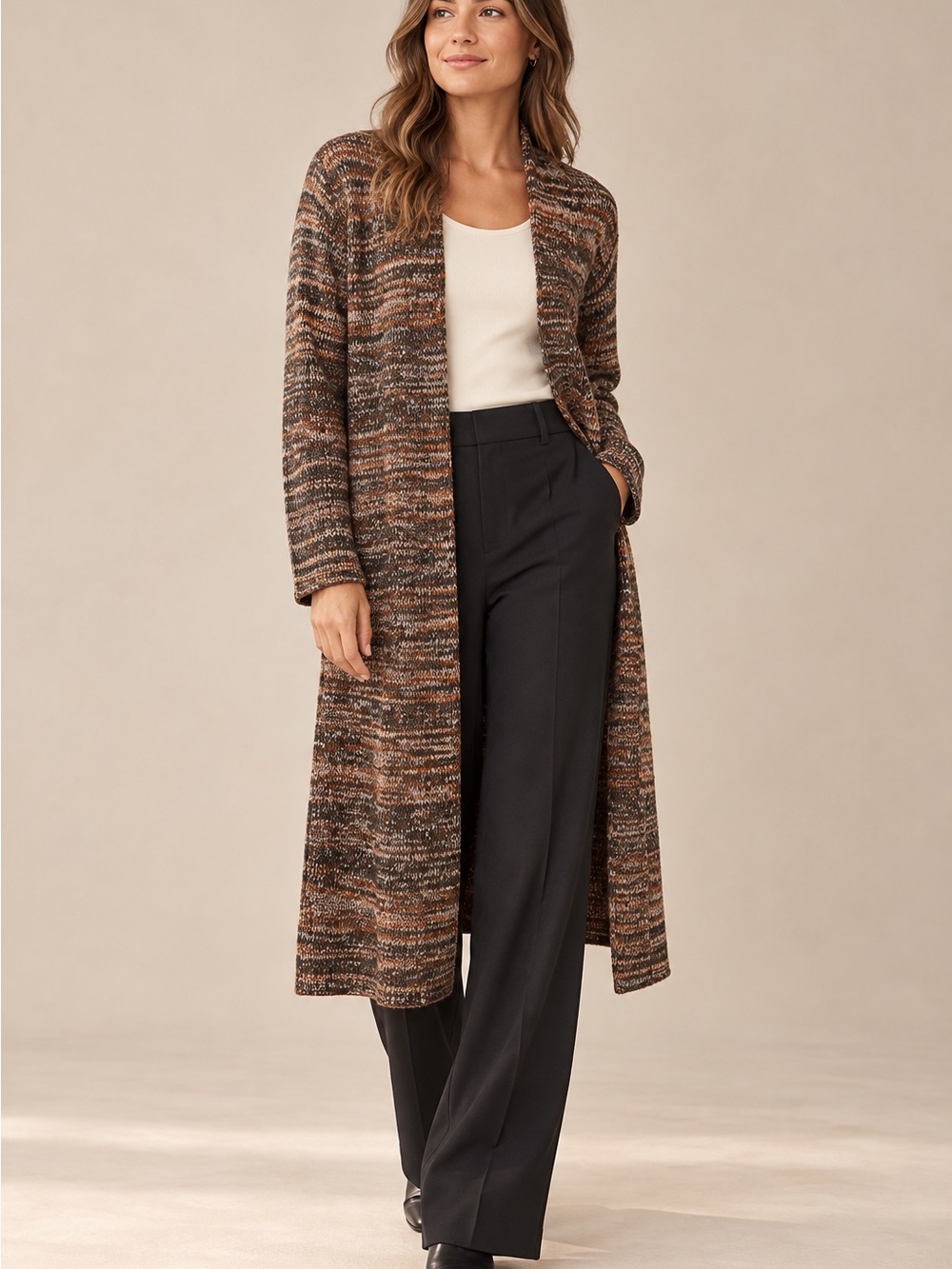 Melissa Green Long Open-Front Brown Marled Cardigan Sweater | L